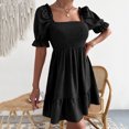 thumbnail image 1 of EGNMCR Robes de Fête pour Femmes Robe Unie pour Femmes de Printemps et d'Été à Manches Courtes avec Ceinture à la Taille, Manches à Volants, Encolure Carrée, 1 of 6