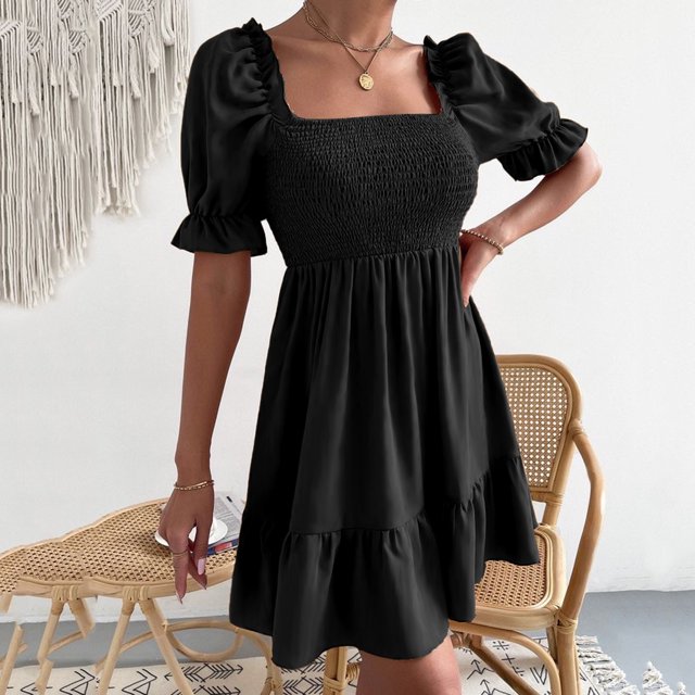 EGNMCR Robes de Fête pour Femmes Robe Unie pour Femmes de Printemps et d'Été à Manches Courtes avec Ceinture à la Taille, Manches à Volants, Encolure Carrée