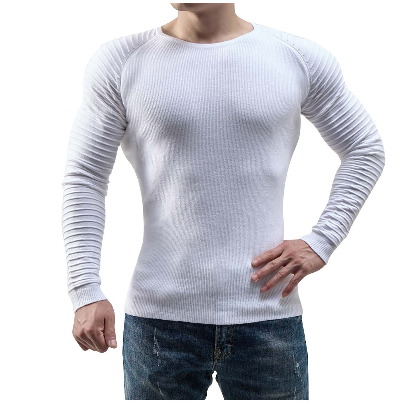 T-Shirts pour Hommes Hiver Col Rond Tricoté Décontracté Patchwork Chandail Base Blanc Tops Automne Taille TG