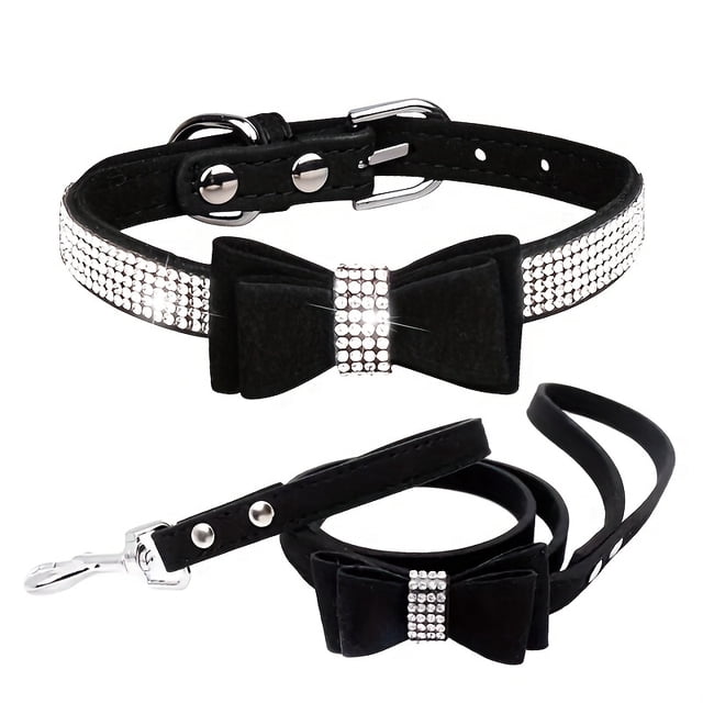 CNKOO 2pcs Sparkling Rhinestone Dog Collar & Leash Set for Small & Medium Dogs Cute Bow Tie Collar with Escape-Proof Rope