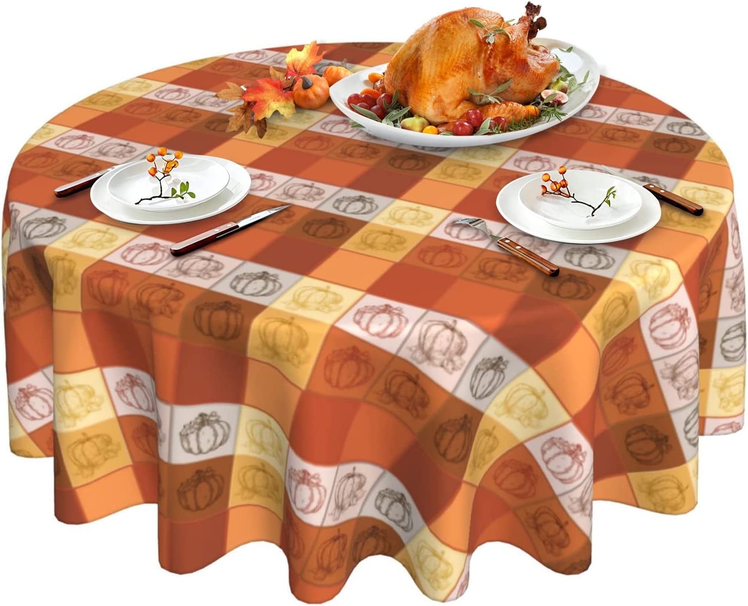 Nappe de l\'Action de Grâce Orange Citrouille à Carreaux Nappe Lavable d'Automne Ronde Nappe 60 Pouces Nappe Réutilisable pour Fête des Fêtes Souper Décoration de Table de Salle à Manger
