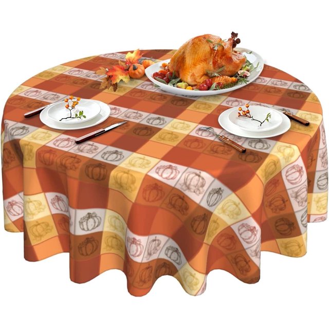 Nappe de l\'Action de Grâce Orange Citrouille à Carreaux Nappe Lavable d'Automne Ronde Nappe 60 Pouces Nappe Réutilisable pour Fête des Fêtes Souper Décoration de Table de Salle à Manger