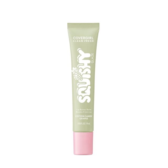 COVERGIRL Clean Fresh Squishy Glaze Lip Butter Balm in Cotton Candy Grapes, 15ml tube with light green body and pink cap, hydrating tinted lip balm infused with shea butter and hyaluronic acid for up to 9 hours of moisture and plump, smooth lips.