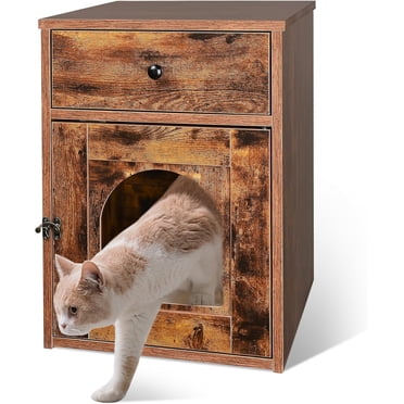 Wooden Cat Litter Box Enclosure Furniture, Hidden Cat House Indoor Cabinet Cat Washroom End Table Nightstand with Drawer and Door