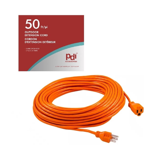 PDI-747 Cordon d'Extension Robuste de 50 Pi, Calibre 16, 13 Ampères, pour l'Intérieur et l'Extérieur, en orange Vif, Conçu pour les applications Intensives. Comprend une Gaine en Vinyle durable Résistante à l'Abrasion, à l'Humidité et au Soleil, avec une Prise et une Prise à 3 Broches Mise à la Terre pour une Utilisation Sécuritaire avec des Outils Électriques et des Appareils à des Températures Allant de -40 °F à +167 °F.