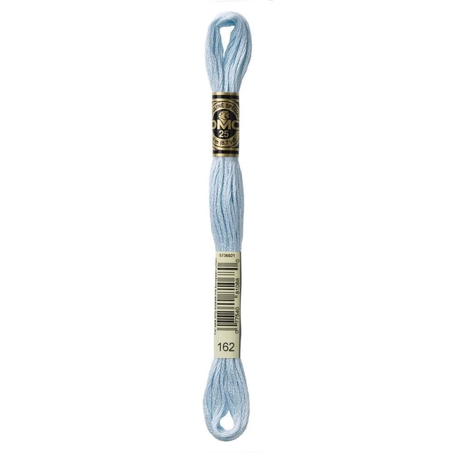 DMC Blue Cotton 6 Strand Floss 8m showing a skein of light blue embroidery floss made from 100% long staple Egyptian cotton with a double mercerized sheen, wrapped with black and gold labels indicating size 25 and 8 meters length, suitable for cross-stitch, needlepoint, smocking, and scrapbooking.