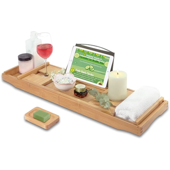 Bamboo Natural Bathtub Tray, Bathtub Caddy with Soap Box, Luxury Natural Wooden Bathtub Tray, Bath Tray for Tub, Bath Tub Table Caddy, Bathroom Caddy with Tablet Holder , Bamboo Bath Tray Shelf