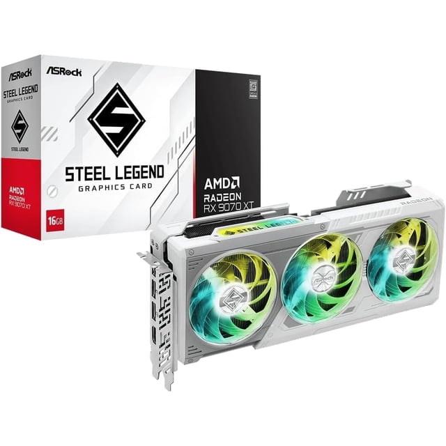 ASRock Steel Legend Radeon RX 9070 XT 16GB GDDR6 PCI Express 5.0 x16 Graphics Card displayed with its packaging. The graphics card features a sleek white and silver design with triple RGB-illuminated cooling fans. It supports AMD's RDNA 4 architecture, 16GB of GDDR6 memory, and advanced connectivity options including PCIe 5.0, HDMI 2.1, and DisplayPort 2.1a. The packaging highlights the Steel Legend branding and key specifications.