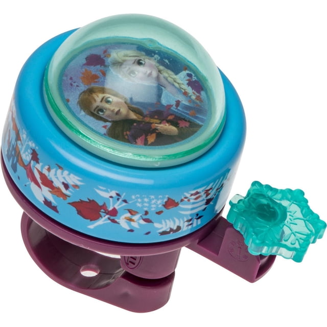 Bell Sports Frozen2 Flocon de Neige 3D Sonnette de Bicyclette Bleue avec un Dôme Bleu Mettant en Vedette les Personnages Frozen Anna et Elsa Entourés de Feuilles d'Automne, Montée sur une base Violette avec une Sonnerie Translucide en turquoise en Forme de Flocon de Neige, Conçue pour s'Adapter à la Plupart des Vélos et Trottinettes.