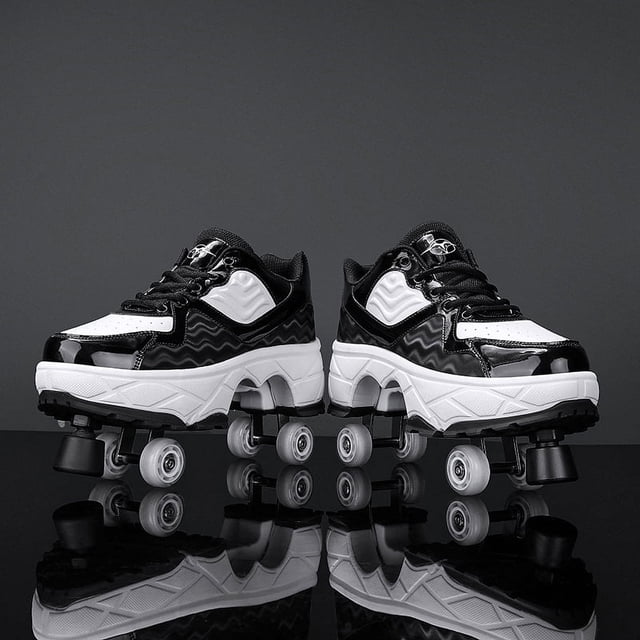 Chaussures à Roulettes à 4 Roues pour Filles, Chaussures Mode avec Roues, Patins Roulants Ajustables pour Femmes, Espadrilles avec Roues. Chaussures à Roulettes à Lacets Noires et Blanches avec Tige en Tissu de Coton, Largeur Moyenne et Semelle Extérieure en EVA. Caractéristiques Incluant un design Rehaussant la Hauteur, Respirant et Imperméable. Idéal pour Débutants et Usage Unisexe, Affiché sur une surface Noire Réfléchissante.