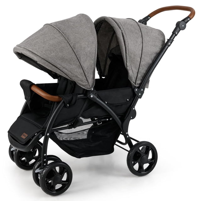 OLAKIDS Double Stroller, Foldable Baby Tandem Stroller with Djustable Backrest Canopy Footrest, 5-Point Harness, Storage Basket, Convertible Compact Lightweight Twin Stroller for Infants and Toddlers front-facing tandem double stroller in Black/Gray with metal frame and polyester seats; front seat reclines 105°-135°, rear 105°-170°; adjustable canopies and footrests, lockable swivel front wheels, rear one-step brake, large storage basket; folds to 43.5" x 23" x 14".