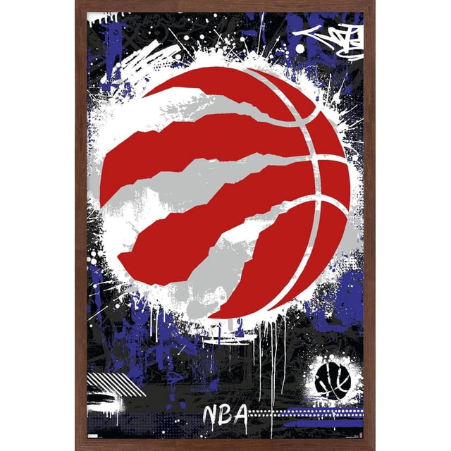 NBA Toronto Raptors - Maximalist Logo 23 Wall Poster featuring a centered red basketball with silver claw marks on a black, white, and blue graffiti-style background with paint splatters and drips, framed in dark wood, measuring 22.375 by 34 inches, suitable for decorating sports fan rooms, offices, or dorms.
