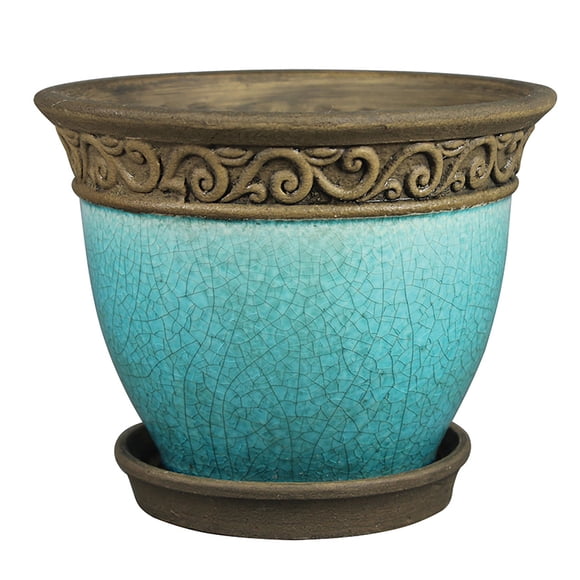Southern Patio Cadiz 8" Crackled Ceramic Planter Pot with Saucer, Teal