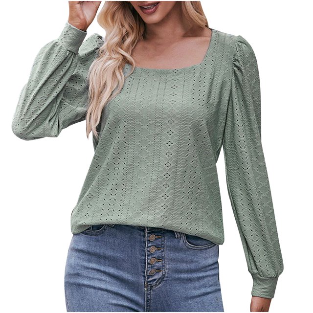 Timegard Hauts à Oeillets pour Femmes Col Rond Manches Longues Bouffantes T-Shirts Transparents Chic Décontracté Hauts Amples