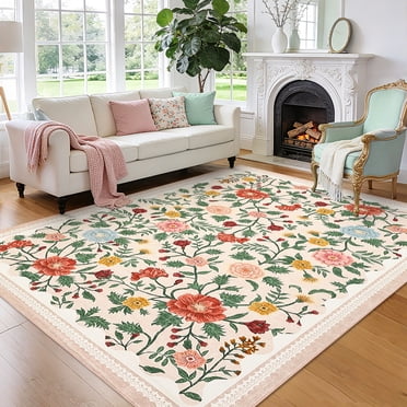 Garvee 5'x7' Vintage Floral Area Rug Living Room Rug, Washable Boho Rugs Non Slip Soft Low Pile Farmhouse Rug Indoor Floor Carpet for Bedroom Dining Room Home Office, Beige