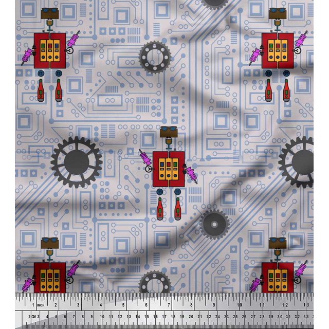 Soimoi Grey Crepe Silk Fabric Cartoon Machine & Gear Parts Hardware Print Fabric by Yard 42 Inch Wide