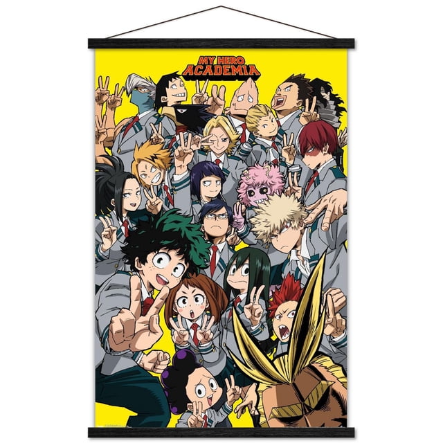 My Hero Academia - Affiche Murale Selfie, 22,375 Po x 34 Po Mettant en Vedette un Groupe de Personnages d'Anime en Uniforme Scolaire Posant avec des Signes de Paix sur un Fond Jaune Vif, Imprimée sur Papier Lustré pour une Déco Murale Vibrante Idéale pour Chambres, Dortoirs Ou Bureaux.
