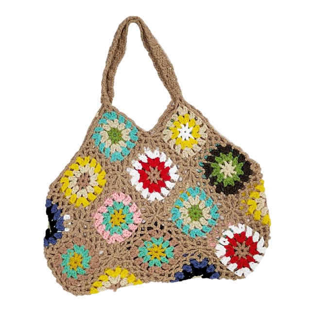 Crochet 's Shoulder Hollow Out Ethnic Style Dating Picnic Vocation Chic Photo Khaki. A handwoven multicolored Bohemian-style handbag made of cotton, featuring a hollow-out crochet design with vibrant floral patterns on a khaki base. The bag measures 32cm x 27cm (12.60 inches x 10.63 inches) and includes a single shoulder strap. Suitable for various occasions such as tourism, beach outings, parties, shopping, picnics, weddings, and casual dating. Offers enough space for essentials like wallets, glasses, phones, cosmetics, and cards.