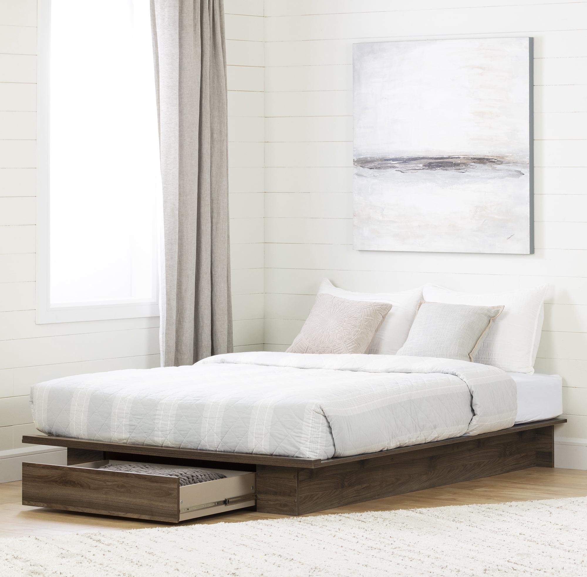 South Shore Tao Platform Bed with Storage Drawer for Adult, in Natural Walnut