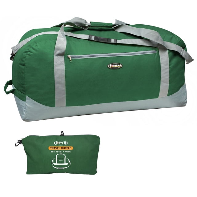 North 49 Travel Duffle - 130L in green with grey base and straps, rugged Polytec fabric, large main compartment, front zip pocket, adjustable/removable shoulder strap, top and side grab handles, and compact self-packing pouch with hanging loop and clip, ideal for gym and travel.