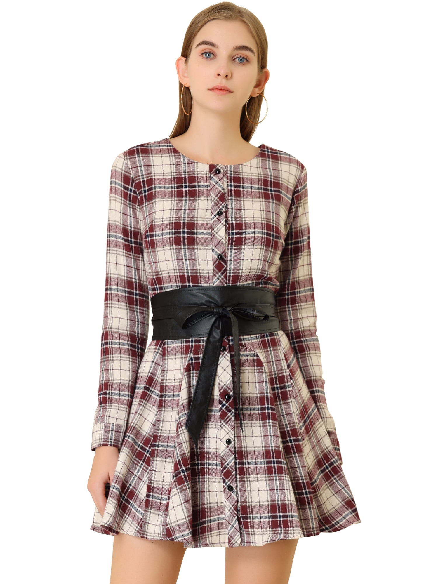 INSPIRE CHIC Robe-Chemise Décontractée pour Femmes à Carreaux Imprimés, Manches Longues, Ceinturée, Ligne A