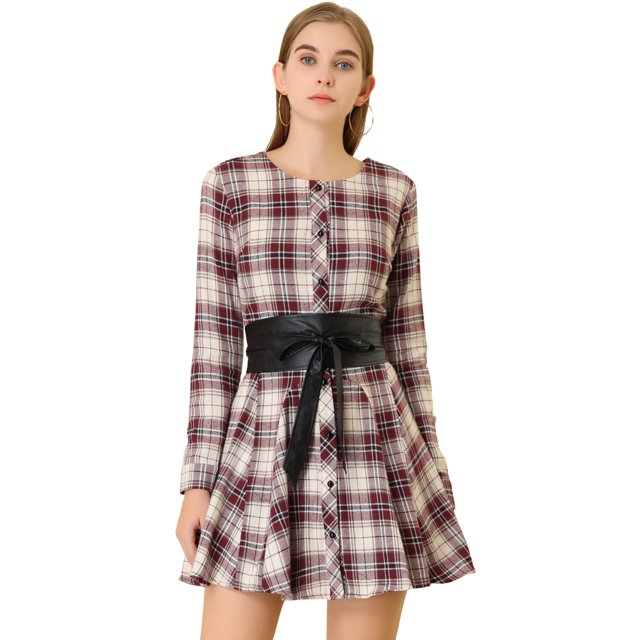 INSPIRE CHIC Robe-Chemise Décontractée pour Femmes à Carreaux Imprimés, Manches Longues, Ceinturée, Ligne A