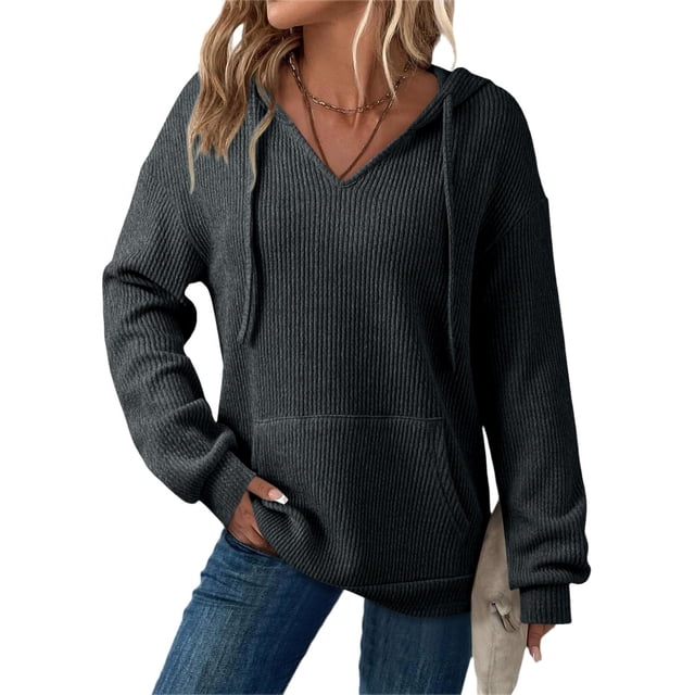 Xdegoge Womens Hoodies Sweatshirts Oversized Sweatshirts Ribbed Knit Long Sleeve Drawstring V Neck Casual Pullover Sweatshirt Hooded Tops Plus Size Fall Winter Clothes with Pockets Dark Gray L