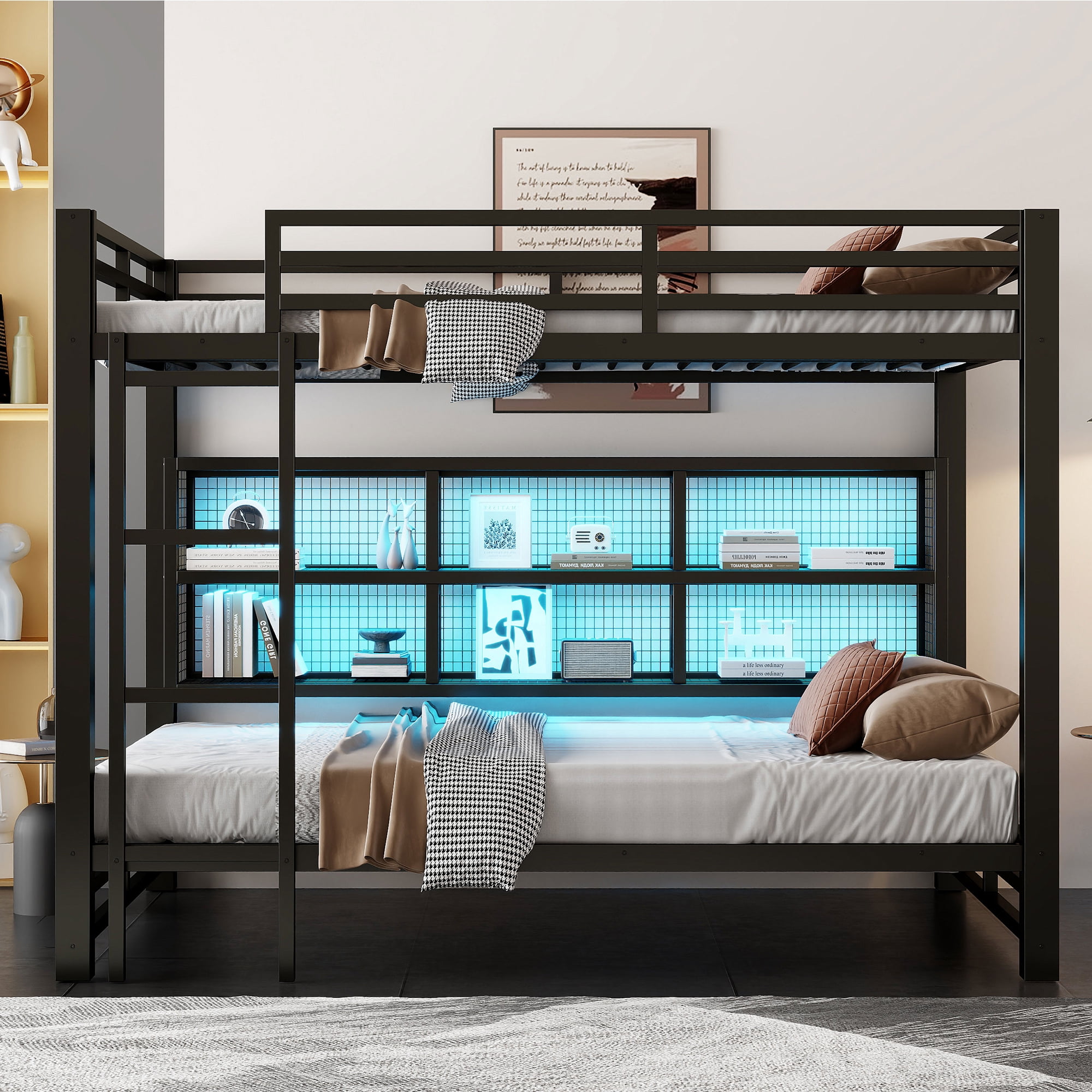Noble House Metal Queen over Queen Bunk Bed with Storage Cabinets and LED, Black