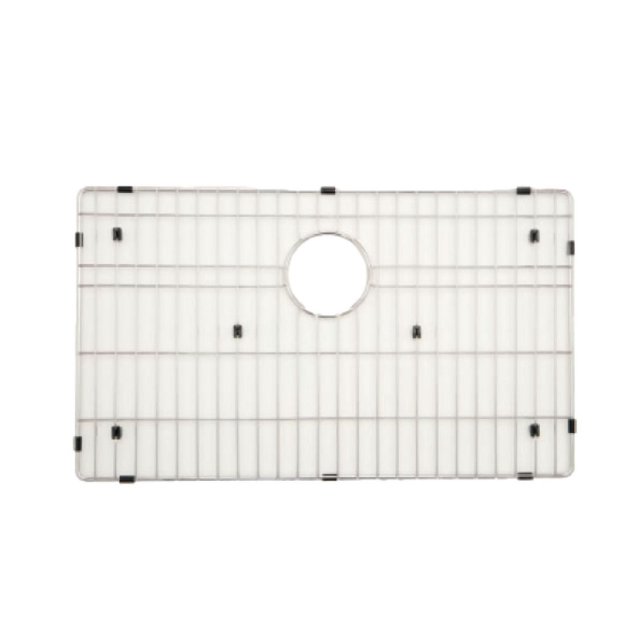 American Imaginations 27-in. W Laundry Sink Grid AI-34641, a rectangular stainless steel sink grid with chrome finish and black hardware, designed for drop-in installation in laundry sinks, featuring a central circular cutout and protective feet, measuring 27 by 16 inches, also suitable for protecting delicate dishware in kitchen sinks.