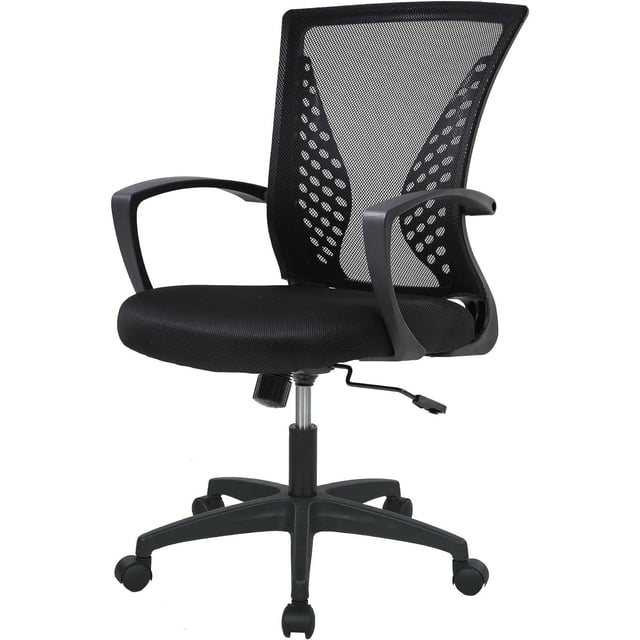 BestOffice Ergonomic Mesh Office Chair, Mid-Back Task Chair with Lumbar Support, Armrests, Rolling Swivel & Adjustable Height, Black