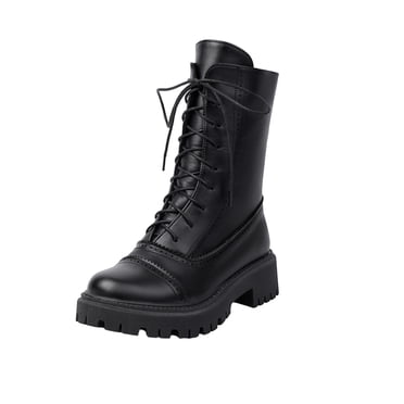 LOVZFMLL Bottes pour Femmes Mi-Mollet Bottes de Combat à Lacets Bout Rond Sangles Ajustables Talon Bas Épais Cuir Automne Hiver Décontractées