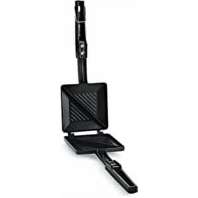 SynSpiritStore Non-Stick Aluminium 2 Cut Sandwich Toaster in black, featuring a durable non-stick aluminum body with a compact design measuring 32x12x4 cm. The toaster has a two-cut sandwich compartment with ridged grilling plates for even toasting. It includes a long handle for safe handling and is easy to clean, dishwasher safe, and reusable. Suitable for home kitchens and made of high-quality stainless steel. Country of origin: India.