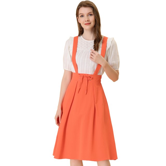 Unique Bargains Jupe Midi Plissée à Bretelles Rétro à Taille Élastique pour Femme, Orange, TG
