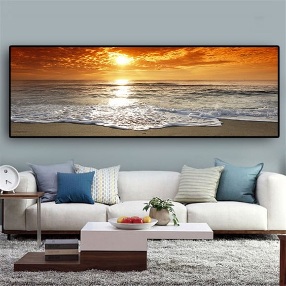 Affiches d'Art Mural Coucher de Soleil à la Plage Grande Peinture sur Toile Paysage Impression Décoration Murale Nordique Image pour Salon Déco Maison