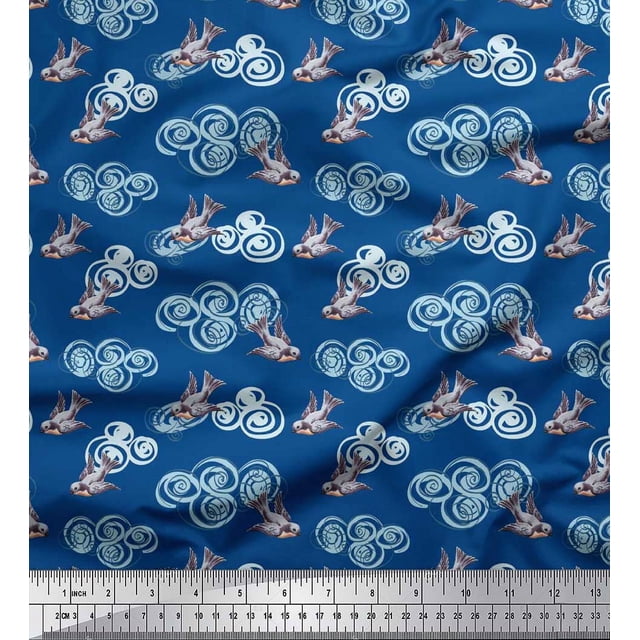 Soimoi Poly Crepe Fabric Clouds & Bullfinch Bird Print Fabric by The Yard 42 Inch Wide