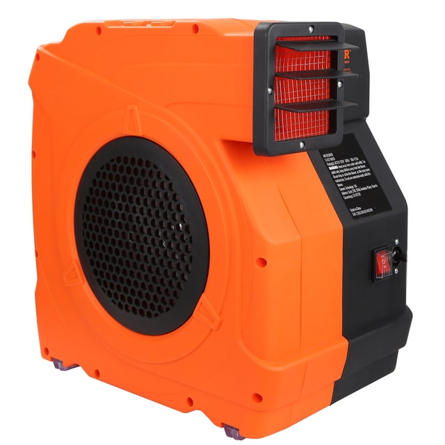 KFFKFF Air Pump, 1100W, 1.5 & 1.7 HP, shown in a side view with a bright orange shock-resistant PC casing and black accents. Features include a reverse louver design for efficient airflow, a transparent switch cover for moisture protection, and an IP24 waterproof rating. Designed for inflating bouncy castles, waterslides, and other commercial-grade inflatables, it operates at 3100 RPM with a maximum airflow of 770 m³/h. The compact and lightweight design includes a handle for portability and a reinforced base for stability.