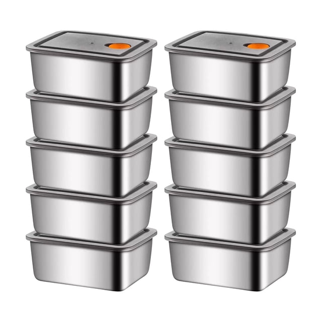 CJiaWei 10pcs stainless steel food storage containers with airtight lids, designed for meal prep, refrigerator, microwave, and bento lunch use. The set includes stackable, durable containers with leakproof lids, ideal for storing leftovers, snacks, and liquids. Shown in a polished silver finish with black lids featuring orange vent seals.