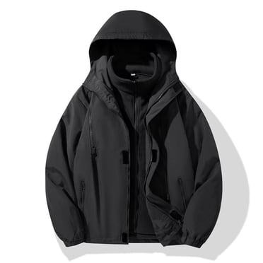 Men's Windproof Jacket with Removable Inner Liner, Heavy Duty Winter Coat for Outdoor Activities, Zippered Pockets, Adjustable Hood, Loose Fit Windbreaker for Hiking and Daily Wear