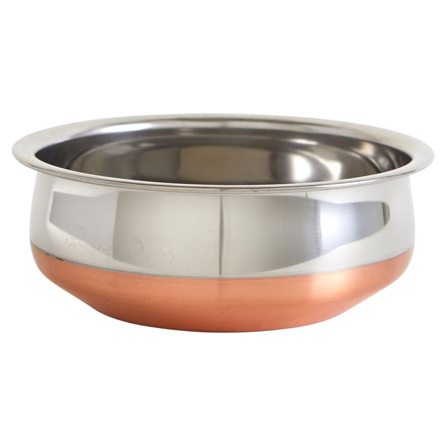 Imusa 7" stainless steel handi with copper bottom shown in side profile, featuring polished stainless steel body and copper base for even heat distribution, ideal for cooking and serving in kitchenware.