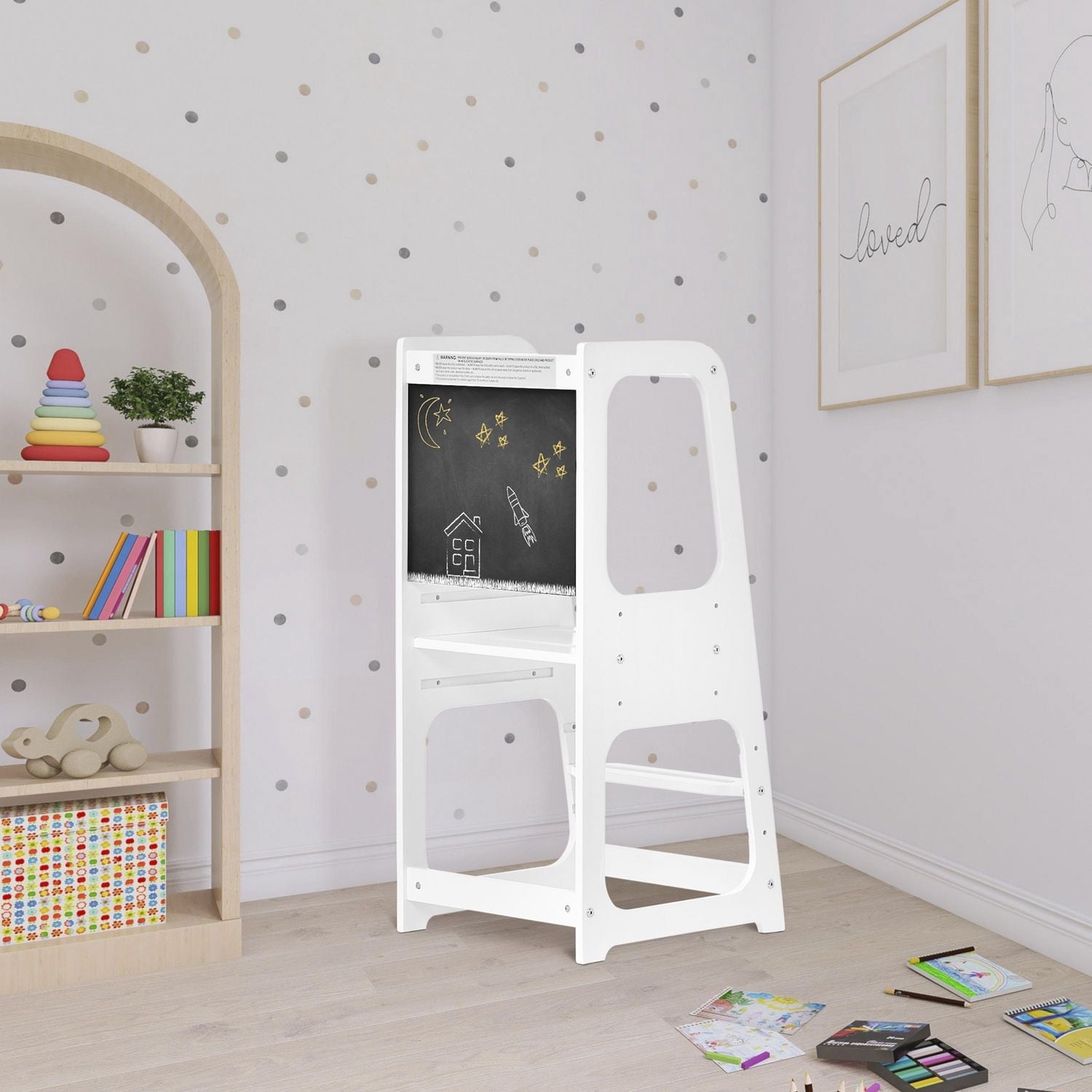 Dream On Me Explora Tower / Anti-slip Base / Multipurpose Kids Step Stool / 3 platform heights / Chalkable Black Board / Children’s Step Stool
