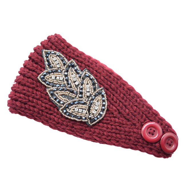 fastboy Crochet Headbands Winter Leaves Pattern with Rhinestones Elastic Head Protector Wide Warm Chunky Hair Accessories for Girls Purplish red