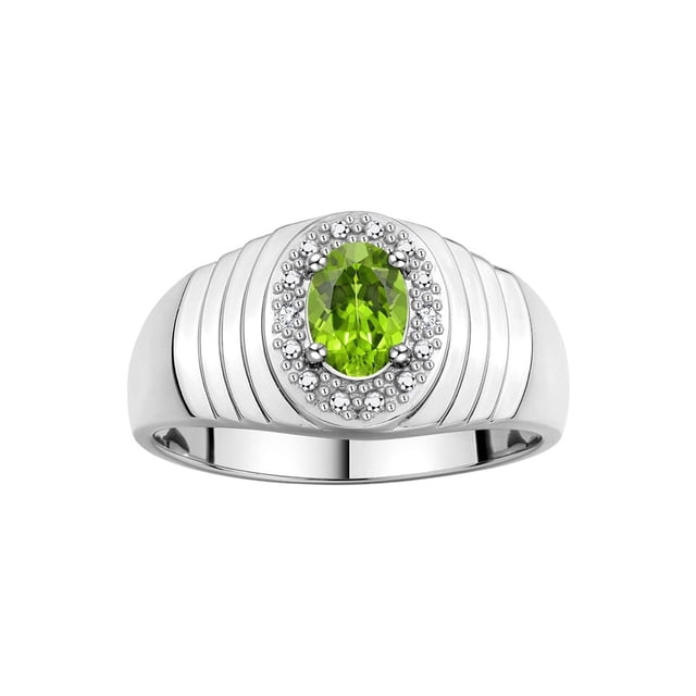 RYLOS Men's Rings 14K White Gold Classic Halo Of Diamonds 7X5MM Oval Gemstone Ring Peridot August Birthstone Rings For Men Size 8