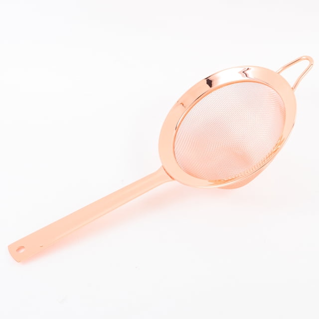 Verka Tea Strainer, Fine Mesh Filter in rose gold with a long ergonomic handle and fine mesh basket, designed for straining loose-leaf tea and small kitchen tasks, made from durable rust-resistant material with a hanging loop for storage.