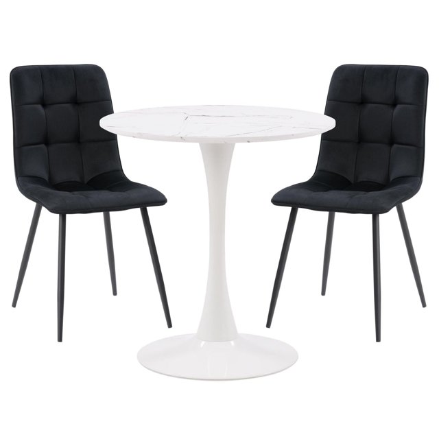 Compact 3-piece round dining set featuring a white pedestal table with marble-patterned top and two black velvet tufted chairs for small kitchen or dining spaces.