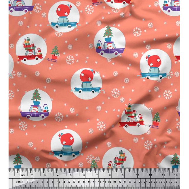 Soimoi Poly Georgette Fabric Gift Box,Car & Santa Christmas Print Fabric by Yard 42 Inch Wide