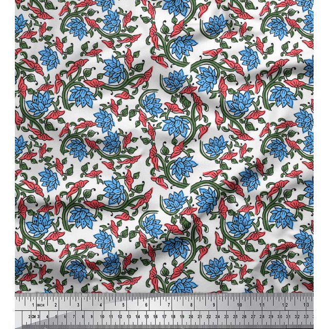 Soimoi Tissu Satin Modal Feuilles & Lotus Imprimé au Mètre 42 Pouces de Large