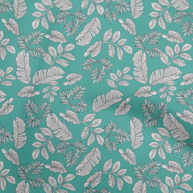 oneOone Cotton Poplin Turquoise Green Fabric Tropical Line Drawing Leaf Sewing Craft Projects Fabric Prints By Yard 42 Inch Wide