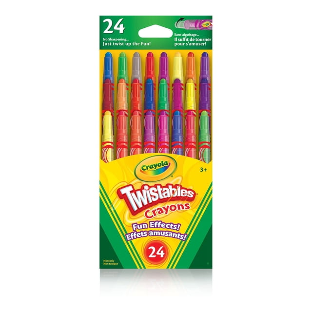 Crayola Twistables Craies de Cire à Effets Amusants, 24 Unités, un Paquet de Craies de Cire à Retourner Orientés vers l'Avant dans des Barils en Plastique Transparent avec des Capuchons Colorés Présentant des Couleurs Métalliques, Néon et Arc-en-Ciel, Conçus pour les arts et Bricolages des Enfants Sans Aiguisage Nécessaire, Recommandé pour 3 Ans et Plus.