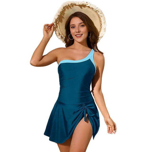Maillots de Bain une Pièce pour Femmes Robe de Costume de Natation Jupe Contrôle Maillot de Bain Bleu Paon S