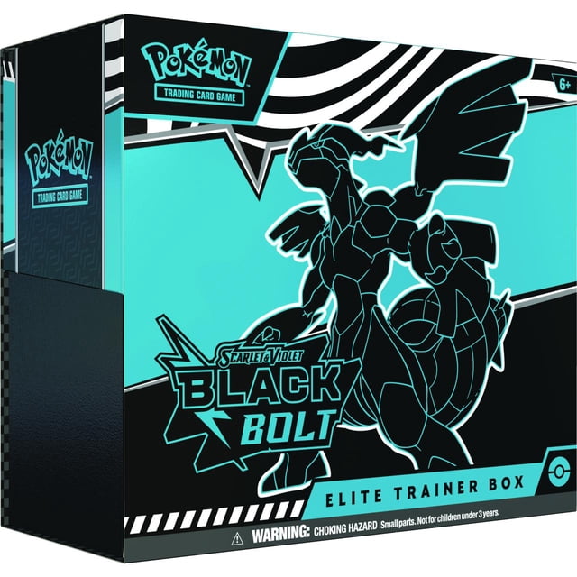 Pokemon TCG: Scarlet & Violet— Black Bolt Elite Trainer Box with black and teal packaging featuring silhouette artwork of Zekrom and other Pokemon, including 9 booster packs, a collector’s box, card sleeves, and game accessories, designed for ages 6 and up.